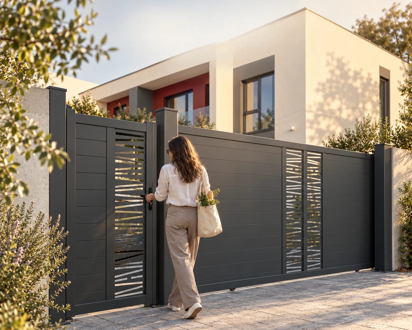 Set de porți din aluminiu antracit — poartă culisantă și poartă pietonală cu panouri orizontale și inserții decorative decupate, în fața unei case moderne