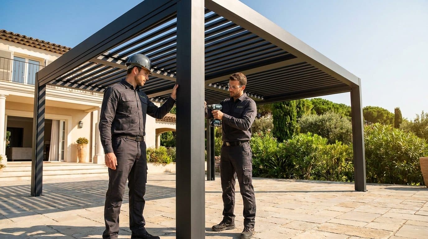 Echipă în uniforme Virtuoso montând o pergolă bioclimatică