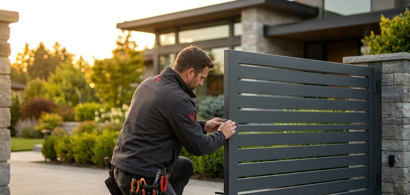 Montator în uniformă Virtuoso instalând o poartă din aluminiu